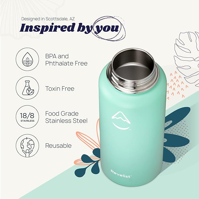 Revelist Sports Water Bottle - 32 Oz, 3 Lids (Straw Lid, Spout & Screw Top) with Boot, Vacuum Insulated Stainless Steel, Double Walled, Reusable Water Flask, Metal Canteen - Cool Mint Green