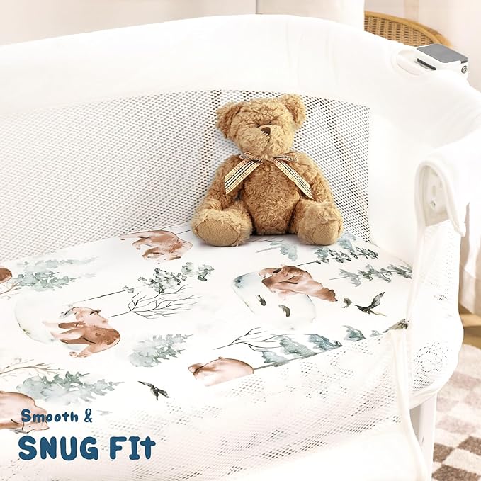 GRSSDER Stretchy Ultra Soft Fitted Bassinet Sheet Set 3 Pack, Universal Fit for Bassinets Baby Cradle Moses Basket Oval Rectangle Mattress Safe and Snug, Stylish Pattren of Bear and Wolf Print