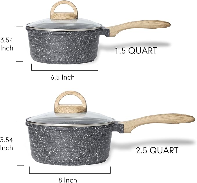 JEETEE Pots Nonstick, 1.5 Quart & 2.5 Quart Induction Granite Coating Saucepan Sets with Glass Lid & Pour Spout, PFOA Free (Grey, 4pcs Pots Set)
