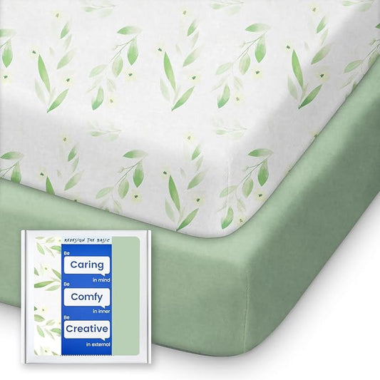 Pack N Play Sheets Fitted for Girls Boys, TotBasic Boho Mini Crib Sheets for Pack and Play/Mini Crib Mattress, Premium Soft Stretchy Jersey for Breathable Comfort - 2 Pack (Sage Green&Botanical Leaf)