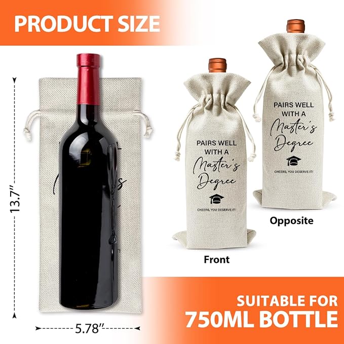 Masters Degree Graduation Gift Wine Bag For Him Her Son Daughter Friend Man Women, College Graduation Party Decor or Favors, Cotton Linen Wine Gift Bag With Drawstring