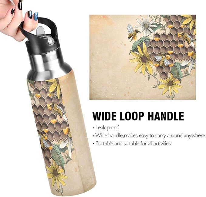 ALAZA Honey Bee Retro Floral Water Bottle With Straw Lids Boys Girls,Vacuum Insulated Leakproof Stainless-Steel Sports Bottle Thermal Flask For Gym Yoga Camping,20Oz (600Ml)