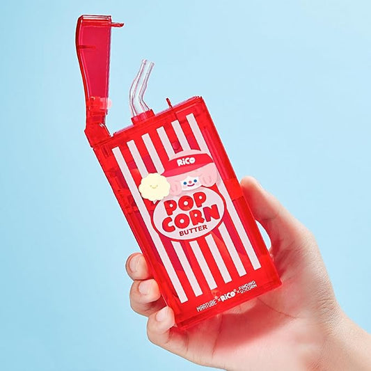 Cute Popcorn Water Bottle with Straw, Portable Water Bottle with Leak-Proof, Pop-Up Spout Cover for School, Sports, Hiking, Camp & More（8.45 oz）