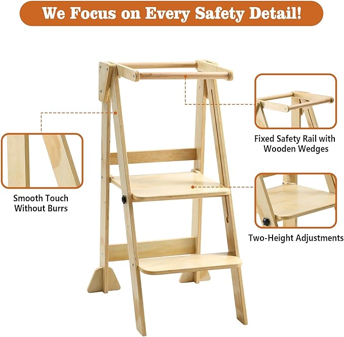 Folding Toddler Step Stool, Wooden Montessori Toddler Tower, Kitchen Tower, Kids Step Stool Toddler Tower for Toddlers and Kids 2-6 Years.