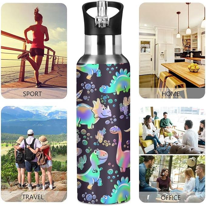 senya 20 Oz Water Bottle with Straw Rainbow Dinosaurs Stainless Steel Water Bottle for Traveling Sports Leakproof Insulated Water Bottle