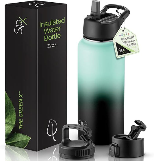SipX™ Triple-Insulated Stainless Steel Water Bottle 32oz. With 3 Lids, BPA-Free Reusable Insulated Water Bottle Keeps Cold 24 Hours, Metal Water Bottle Made Of Sustainable Material For Hiking & Biking