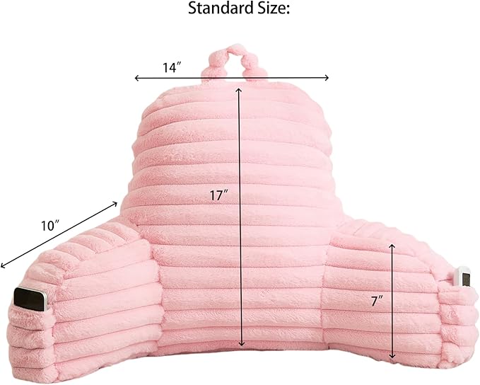 Faux Fur Fluffy Pink Reading Pillow with Pockets, Luxury Striped Plush Decorative, Arm Rests and Back Surport for Bed Rest, Lounging on sofa, Standard