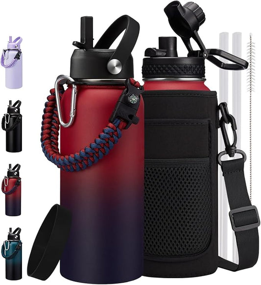 32 oz Water Bottles Insulated Flask - Stainless Steel Metal Hydro Jug Keep Cold-48h & Hot-24h, Triple-Wall Thermal Fitness Sports Water Bottle with Paracord Handle, Straw & Spout Lids, Bottle Sleeve