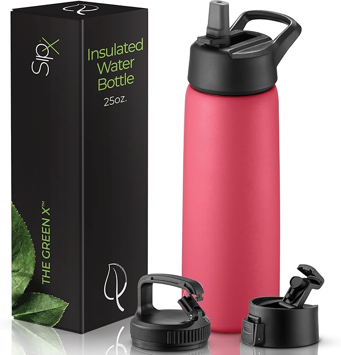 SipX™ Triple-Insulated Stainless Steel Water Bottle 25oz. With 3 Lids, BPA-Free Reusable Insulated Water Bottle Keeps Cold 24 Hours, Metal Water Bottle Made Of Sustainable Material For Hiking & Biking