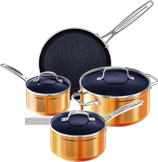 Nuwave 7pc Cookware Set Healthy Duralon Blue Ceramic Nonstick Coated, Diamond Infused Scratch-Resistant, PFAS Free, Oven Safe, Induction Ready & Evenly Heats, Tempered Glass Lids & Stay-Cool Handle
