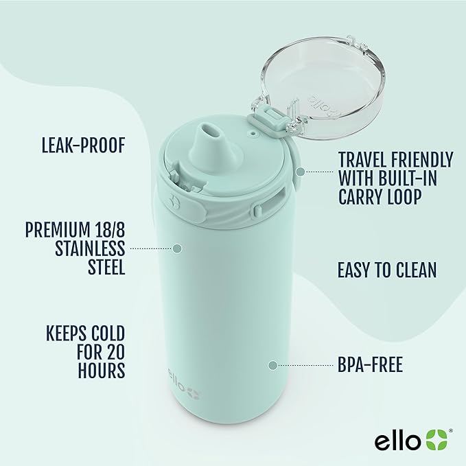 Ello Cooper 18oz Kids Stainless Steel Water Bottle with Straw and Carry Handle, Double Walled and Vacuum Insulated Metal, Leak Proof Locking Lid with Soft Silicone Spout, Reusable, BPA Free, Yucca