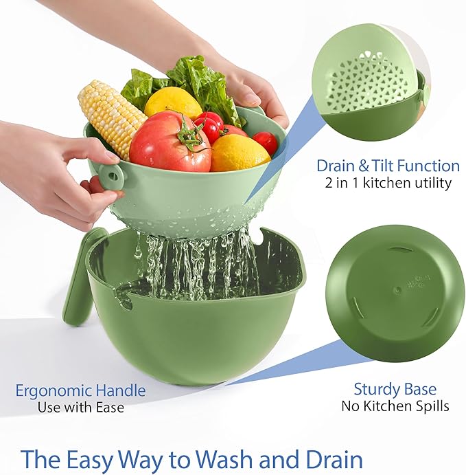 Chef's Path 2 in 1 Kitchen Strainer and Colander for Kitchen, Multifunctional Food Strainer Set, BPA Free Plastic Colander with Handle, Pasta Drainer, Veggie and Fruit Cleaner - Green
