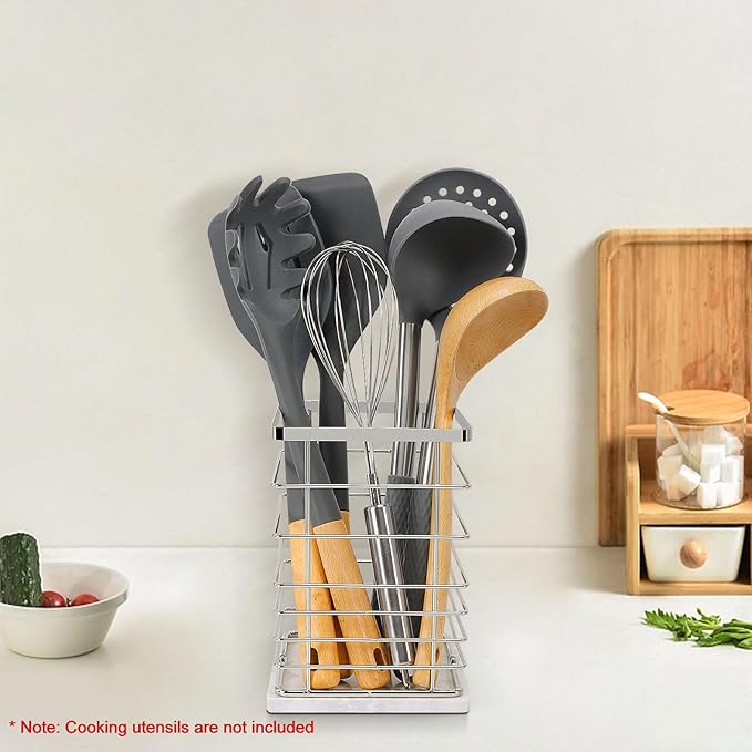 Square Kitchen Utensil Holder, Sturdy Metal Rack for Countertop Storage, Cooking Tools Organizer with Drainage Hole, Stylish Utensil Caddy for Effortless Kitchen Organization, with Marble Base
