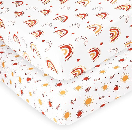 PHF Soft Crib Sheet Fitted, 2 Pack Baby Sheets for Boys Girls, 28x52x9in Fits Standard Crib and Toddler Mattresses, Silky Comfy Breathable Polyester Baby Mattress Sheets, Rainbow