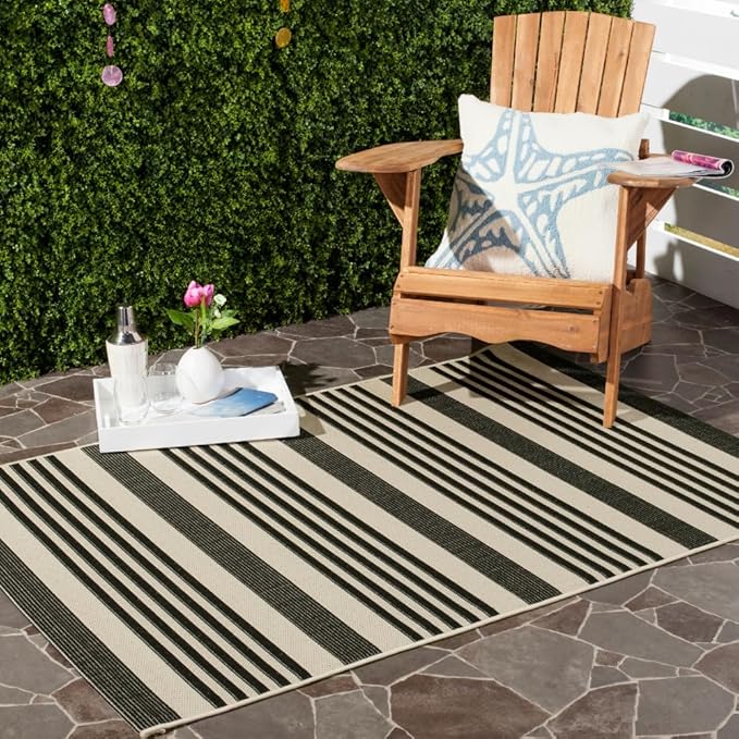 SAFAVIEH Courtyard Collection Area Rug - 4' Square, Black & Bone, Stripe Design, Non-Shedding & Easy Care, Indoor/Outdoor & Washable-Ideal for Patio, Backyard, Mudroom (CY6062-216)