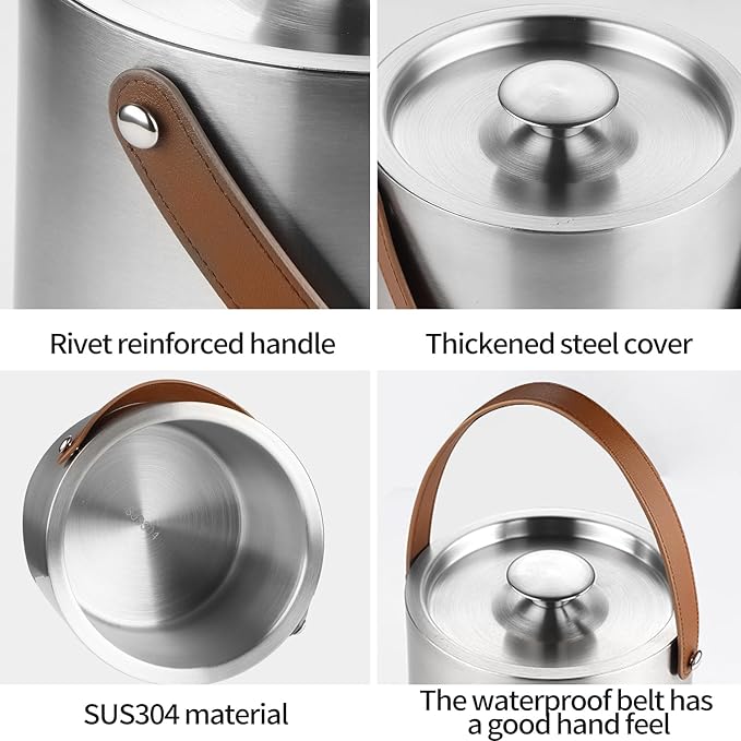 Double-Wall Vacuum Insulated Ice Bucket with Lid, Scoop, Ice Tong, Strainer & Leather Handle Keep Ice Frozen Longer Large Wine Ice Buckets for Cocktail Bar,Parties Chilling Beer Champagne 3L