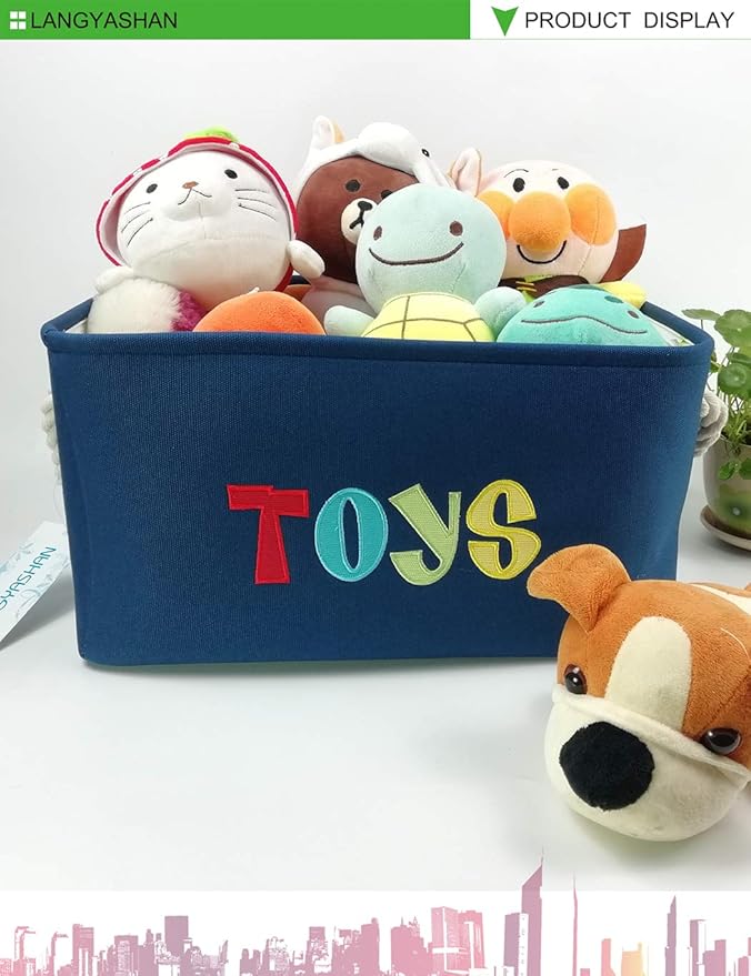 LANGYASHAN Rectangular Storage Bin Collapse Canvas Fabric Cartoon Storage Basket with Handles for Organizing Home Kitchen Boys and Girls Toys Office Closet Shelf Baskets (Navy Toys)