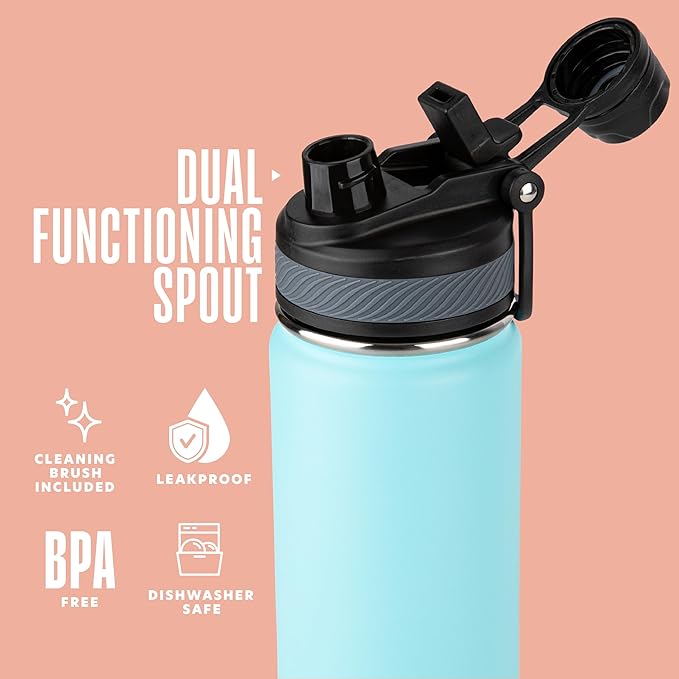 Insulated Water Bottle with Straw and Handle 22 oz-Stainless Steel Water Bottles with Straw, Dual Cap Function & Sleeve, Keeps Drinks Hot Up to 12 Hours & Cold Up to 24 Hours (Light Mint)