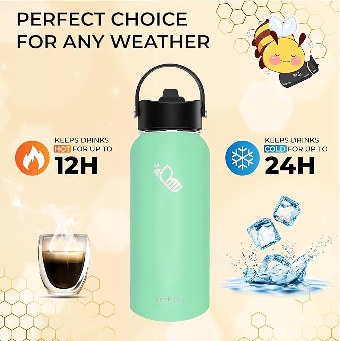 Sports Water Bottle - 32 Oz, 3 Lids (With straw), 50 Cute Stickers, Vacuum Insulated, 308 Stainless Steel, with a Portion of Sales Supporting Bee Conservation Efforts (Mint Green)