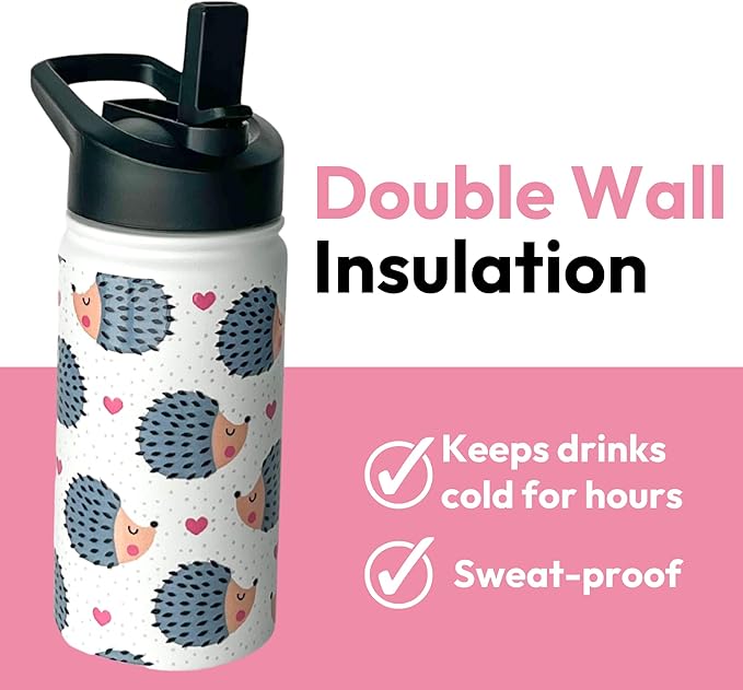 Biddlebee Kids Water Bottle with Straw Lid | 14oz Insulated Stainless Steel Reusable Bottles for School | Leak Proof Cap with Handle & Touch Free Spout | Great for Boys & Girls