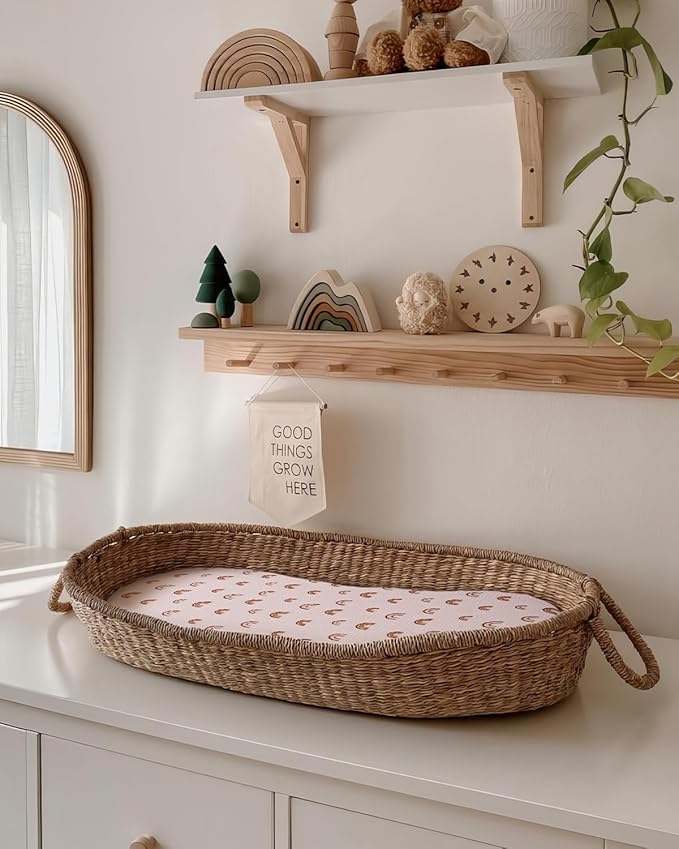 Blissful Diary Muslin Bassinet Sheets for Baby Girls Boys, Boho Soft Cotton Fitted for Oval Hourglass Rectangle Mattress, 2 Pack(Rainbow&Cedar)