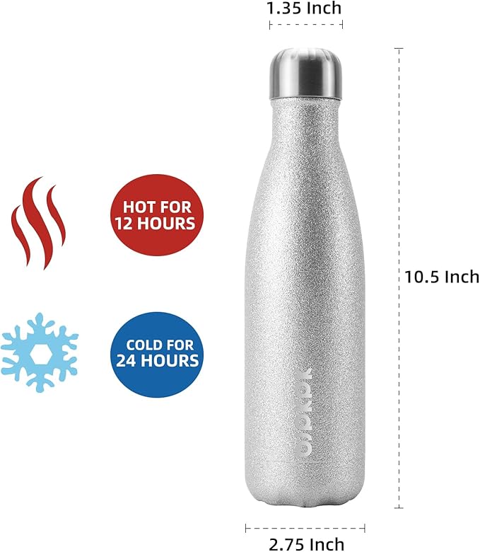 BJPKPK Insulated Water Bottles -17oz/500ml -Stainless Steel Water Bottles,Sports Water Bottles Keep Cold for 24 Hours and Hot for 12 Hours,BPA Free Water Bottle,Glitter Silver