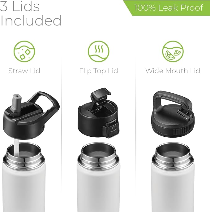 SipX™ Triple-Insulated Stainless Steel Water Bottle 18oz. With 3 Lids, BPA-Free Reusable Insulated Water Bottle Keeps Cold 24 Hours, Metal Water Bottle Made Of Sustainable Material For Hiking & Biking