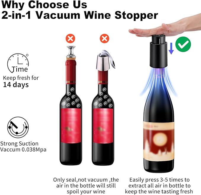 Wine Bottle Stoppers，2-in-1 Vacuum Wine Stopper，Reusable Wine Savers, Wine Preserver Vacuum Pump Corks Keep Wine Really Fresh, Best Gift for Wine Lovers for Christmas Gifts (2Pack)
