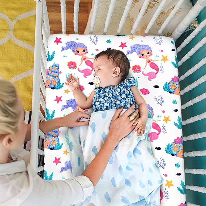 JISEN Baby Crib Sheets Soft Breathable Fitted Crib Sheets Baby Sheet for Standard Crib and Toddler Mattress Baby Bed Sheets for Crib for Baby Boys Girls Neutral 52x28 Inch White Mermaids
