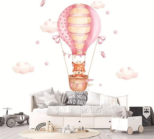 Waterproof Removable Vinyl PVC Hot Air Balloon Fox Safari Animal Star Wall Decal Wall Sticker Decor Peel Art Nursery Kidsroom Classroom Bedroom Bathroom Pink