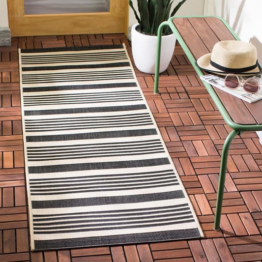 SAFAVIEH Courtyard Collection 2'3' x 18' Black/Bone CY6062 Stripe Indoor/ Outdoor Patio Backyard Mudroom Runner Rug