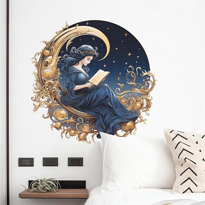 Gorgeous Moon Star Blue Girl Wall Stickers, sacinora Reading Book Middle Eastern Style Art Wall Decals Removable Vinyl Peel and Stick for Kids Baby Nursery Study Room Living Room Bedroom Decorations