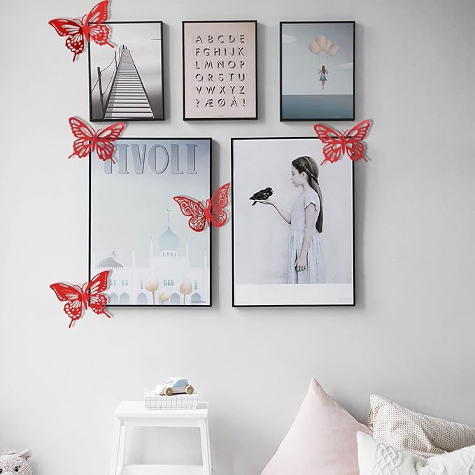 72Pcs 3D Butterfly Wall Decor 3 Sizes 3 Styles, Butterfly Decorations Party Birthday Cake Decoration, Removable Butterfly Wall Stickers for Kids Nursery Wedding Bedroom Room Decor(Red)