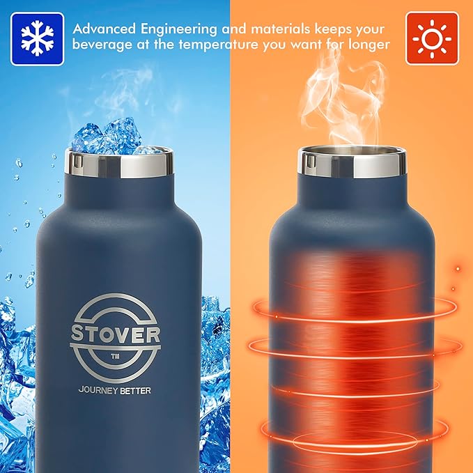 STOVER Insulated Water Bottle, 16oz Stainless Steel Double Wall Vacuum Wide Mouth Leakproof Twist Lid, Ideal for Sports, Travel & Daily Use (Navy Blue)