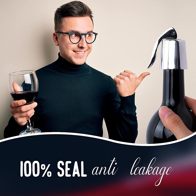 Stainless Steel Wine Bottle Stopper, Wine Vacuum Stopper with Silicone Seal, Reusable Wine Saver Plug to Keep Wine Fresh, Leakproof and Airtight Seal Toppers for Bottles 1 Pack