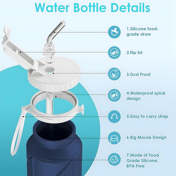 2pack Collapsible Water Bottles Reusable Leak Proof Silicone Water Bottle BPA Free Durable Foldable Sports Bottles & straw 23oz Lightweight Bottle for Gym Hiking Biking Camping Travel Bottle