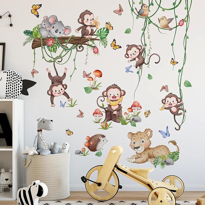 Safari Monkey Climbing Tree Wall Stickers Jungle Animals Vine Leaves Wall Stickers Vinyl Sloth Leopard Butterfly Plants Mural Art Decor for Kids Baby Nursery Bedroom Living Room Sofa TV Wall
