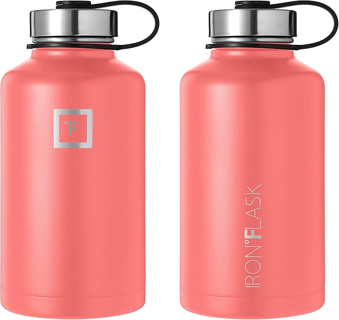 IRON °FLASK Sports Water Bottle - Wide Mouth with 3 Straw Lids - Stainless Steel Gym & Outdoor Bottles for Men, Women & Kids - Double Walled, Insulated Thermos, Metal Canteen - Peach, 64 Oz