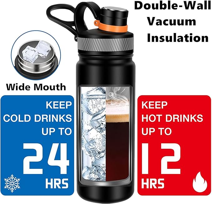 22 oz Double Wall Vacuum Insulated Stainless Steel Water Bottle with Spout Lid BPA Free (BLACK, 22 OZ)