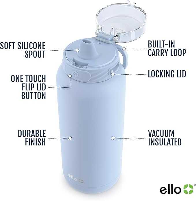 Ello Cooper 32oz Stainless Steel Water Bottle with Straw and Carry Handle, Double Walled and Vacuum Insulated Metal, Leak Proof Locking Lid with Soft Silicone Spout, Reusbale, BPA Free, Halogen Blue