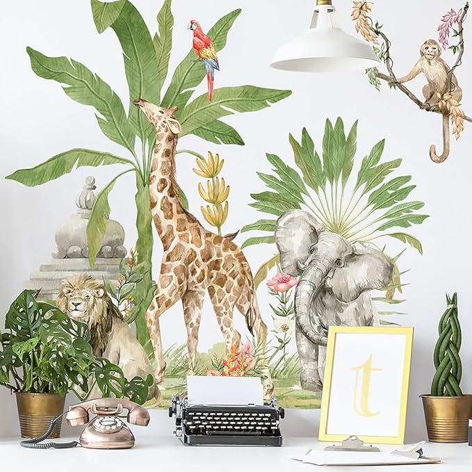 Large Jungle Animals Wall Decals Rainforest Giraffe Elephant Lion Wall Stickers Wild Animal Wall Stickers Peel and Stick for Kids Room Playroom Decor
