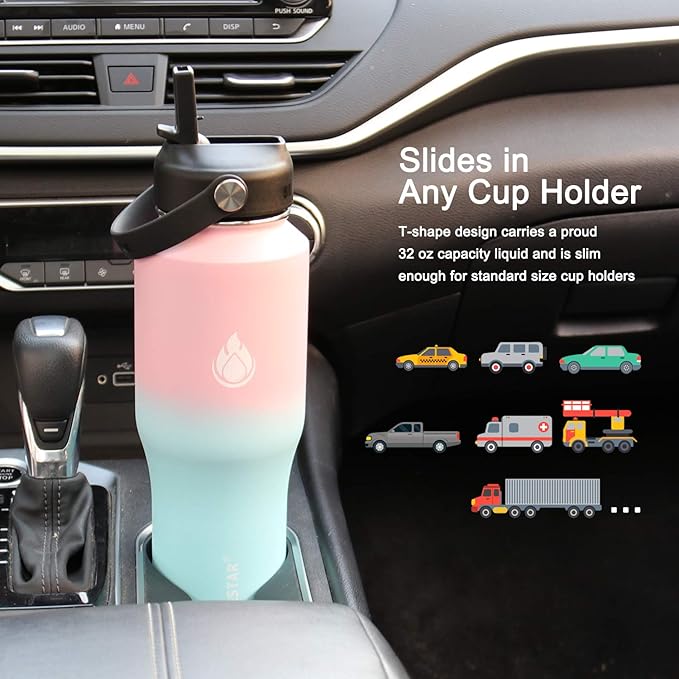 SENDESTAR Water Bottle 32oz,2 Lids(Straw lid),Wide Mouth Stainless Steel Vacuum Insulated Double Wall Keep Liquids Cold or Hot All Day,Sweat Proof Sport Design,Fit Car Cup Holder(Peach&Blue)