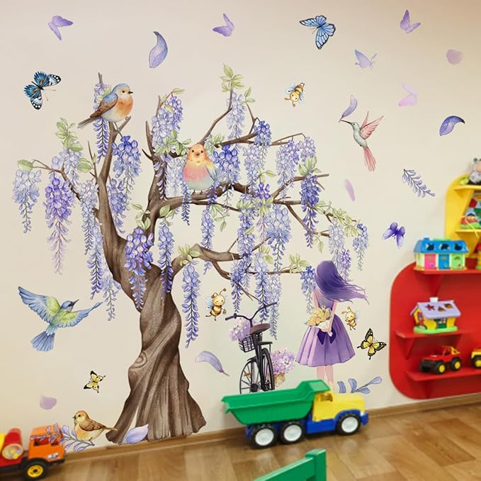 GGCC 7 FLAG Purple Theme Wall Stickers Set - Stylish Home Decor with Tree, Bird, Butterflies, and Flowers