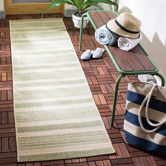 SAFAVIEH Courtyard Collection Runner Rug - 2'3" x 6'7", Beige & Sweet Pea, Stripe Design, Non-Shedding & Easy Care, Indoor/Outdoor & Washable-Ideal for Patio, Backyard, Mudroom (CY6062-218)