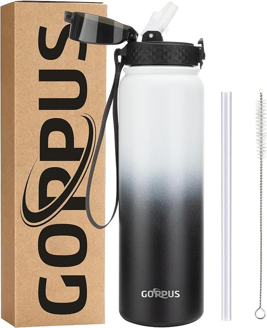 GOPPUS 32 oz Sports Water Bottle 1 Liter Double Wall Insulated Stainless Steel Water Bottles with Straw Lid Reusable Leak proof Metal water bottles with Strap Handle(White Black 1 lid)