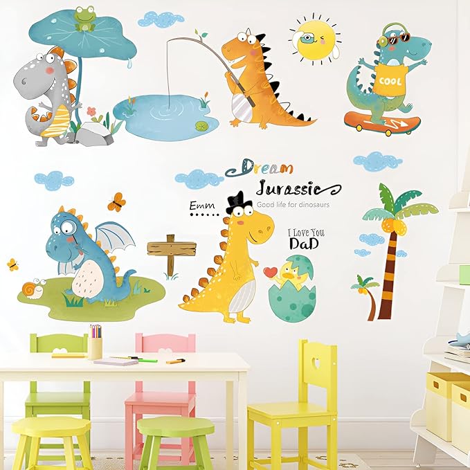 Cartoon Dinosaur Wall Decals Fishing T-Rex DIY Wall Stickers for Boys Kids Room Bedroom Baby Nursery Decor