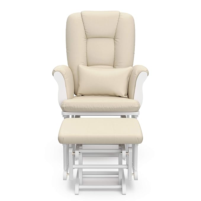 Storkcraft Tuscany Custom Glider and Ottoman with Free Lumbar Pillow (White/Beige) - Cleanable Upholstered Comfort Rocking Nursery Chair with Ottoman