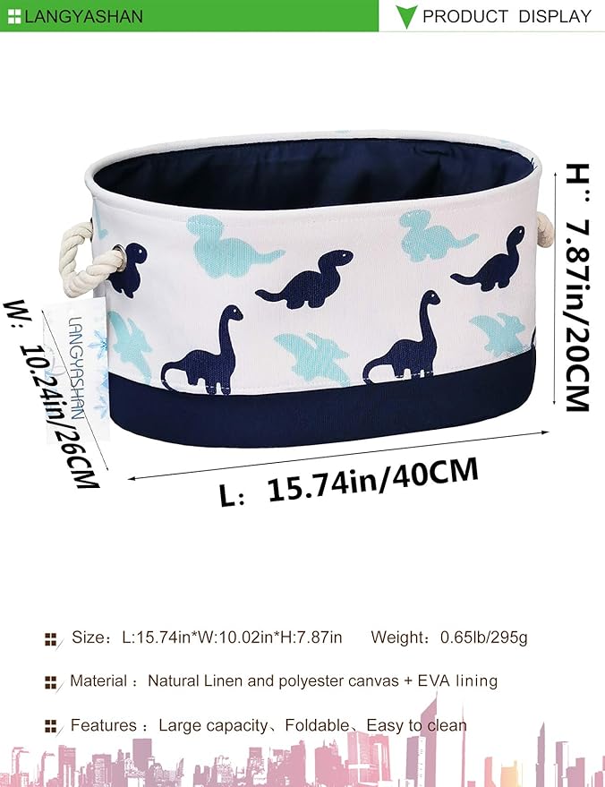 LANGYASHAN Oval Storage Basket Collapse Canvas Fabric Cartoon Storage Bin with Handles for Organizing Home Kitchen Boys and Girls Toy Office Closet Shelf Baskets (Dinosaur)