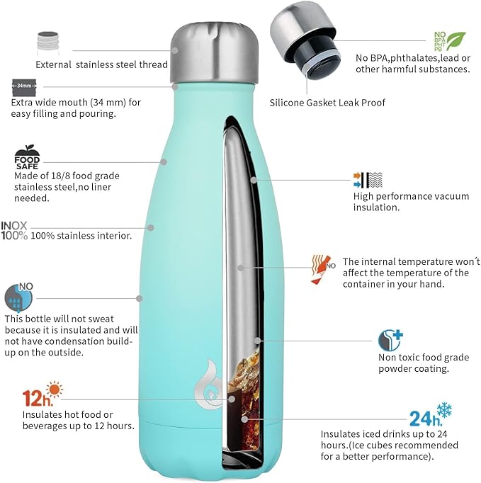 BJPKPK 12oz Insulated Water Bottle Stainless Steel Water Bottles For Travel Keep Cold And Hot,Mint