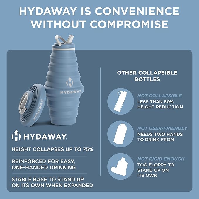 HYDAWAY Collapsible Water Bottle - 25oz I Reusable Water Bottle with Flip Top Lid for Travel, Hiking, Backpacking I Portable & Leakproof, Food-Grade Silicone, BPA Free, Collapses to 1.5”